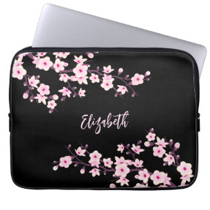 Schwarze Pinke Kirschblüten-Monogramm Laptopschutzhülle