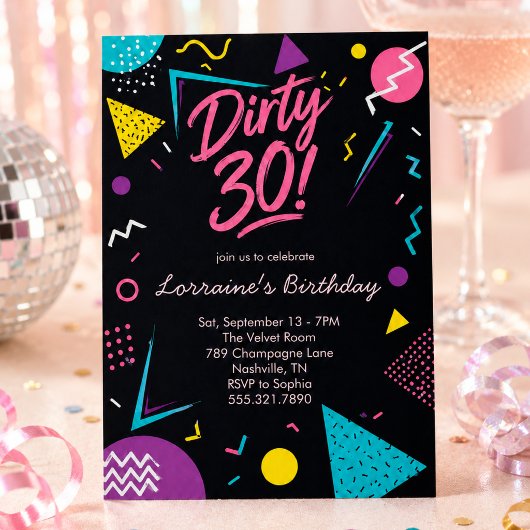 Schwarze Pinke Retro 30 Einladung