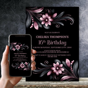 Schwarze pinkfarbene Blumen zum 16. Geburtstag Einladung