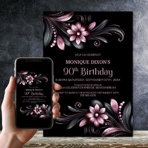 Schwarze pinkfarbene Blumenparty zum 90. Geburtsta Einladung