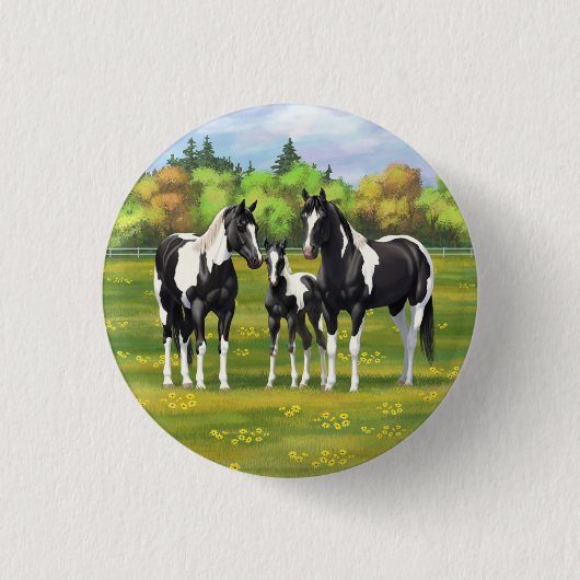 Schwarze Pinto Farbe Quarter Pferde im Sommer Weid Button (Vorderseite)