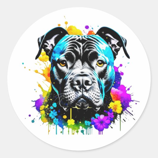 Schwarze Pit Bull Stickers Farbige Blume Pinseltro (Vorderseite)