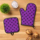 Schwarze Polka Dots auf Violet Lila Ofenhandschuh & Topflappen-Set (Oben Unten)