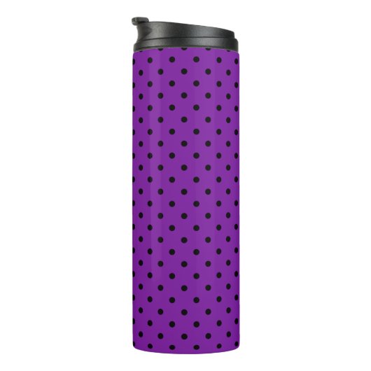 Schwarze Polka Dots auf Violet Lila Thermosbecher (Nach rechts gedreht)
