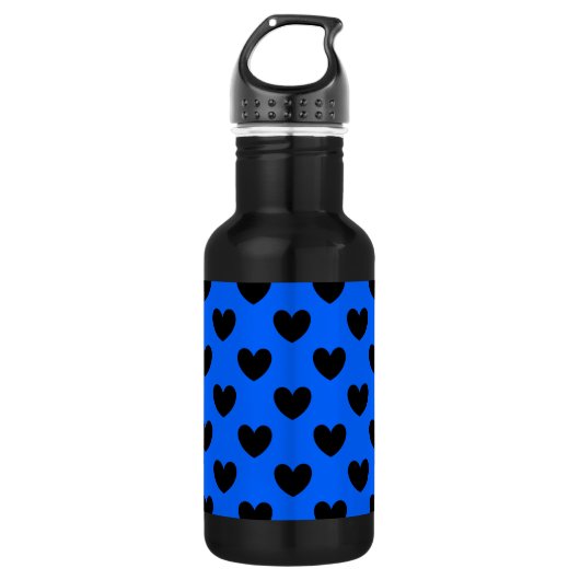 Schwarze Polka Herzen auf blau Edelstahlflasche (Vorderseite)