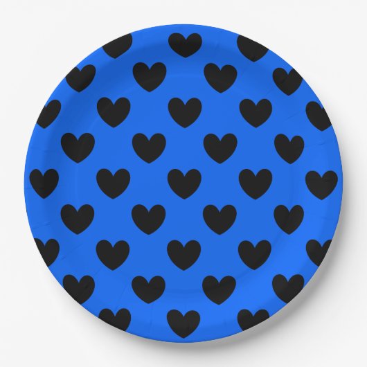 Schwarze Polka Herzen auf blau Pappteller (Vorderseite)