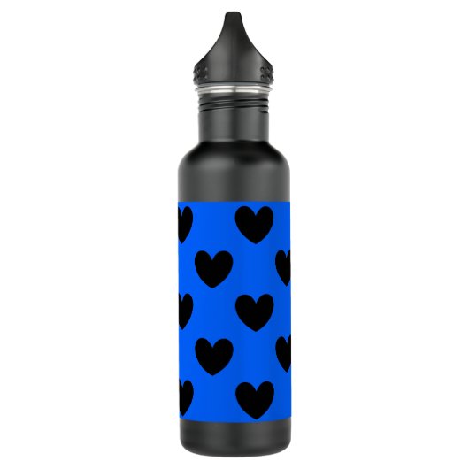 Schwarze Polka Herzen auf blau Trinkflasche (Links)