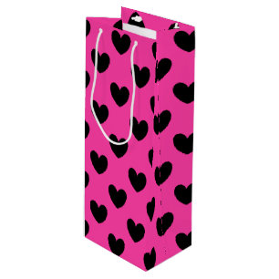 Schwarze Polka Herzen auf Fuchsienrosa Geschenktüte Für Weinflaschen