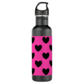 Schwarze Polka Herzen auf Fuchsienrosa Trinkflasche (Vorderseite)