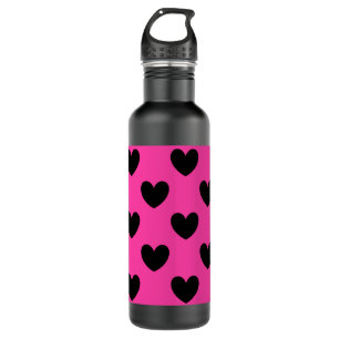Schwarze Polka Herzen auf Fuchsienrosa Trinkflasche
