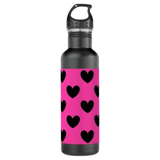 Schwarze Polka Herzen auf Fuchsienrosa Trinkflasche (Vorderseite)