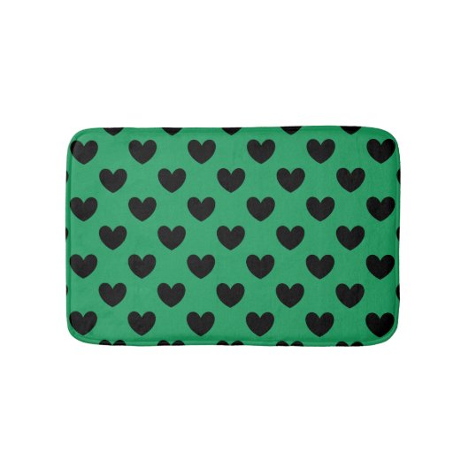 Schwarze Polka Herzen auf Kelly Green Badematte (Vorderseite)