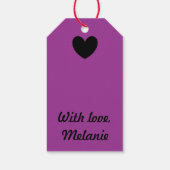 Schwarze Polka-Herzen auf lila Geschenkanhänger (Rückseite)