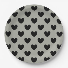 Schwarze Polka Herzen auf Pussywillow Gray Pappteller