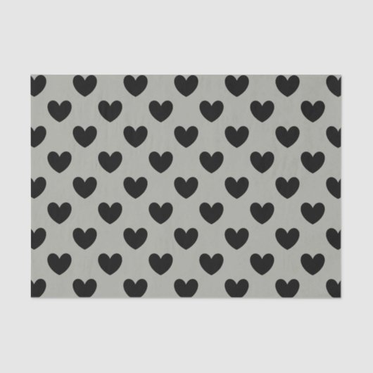 Schwarze Polka Herzen auf Pussywillow Gray Seidenpapier (Vorderseite)