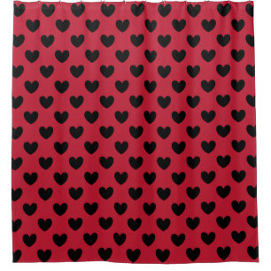 Schwarze Polka Herzen auf rot Duschvorhang