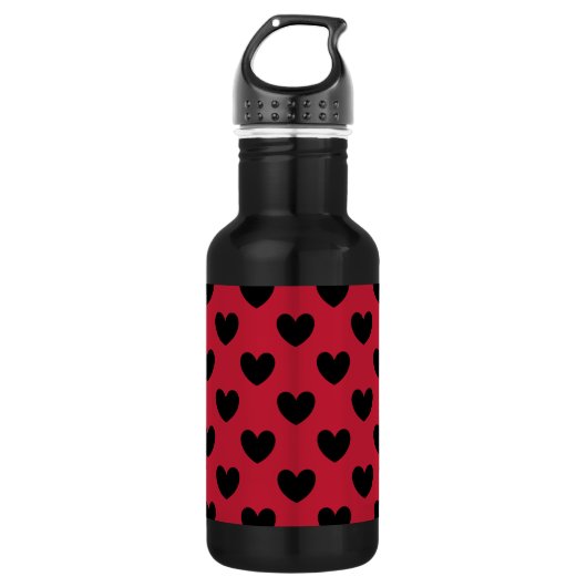 Schwarze Polka Herzen auf rot Edelstahlflasche (Vorderseite)