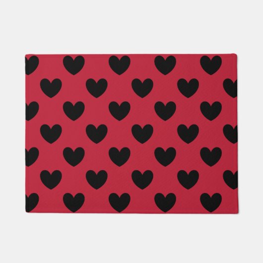 Schwarze Polka Herzen auf rot Fußmatte (Vorderseite)