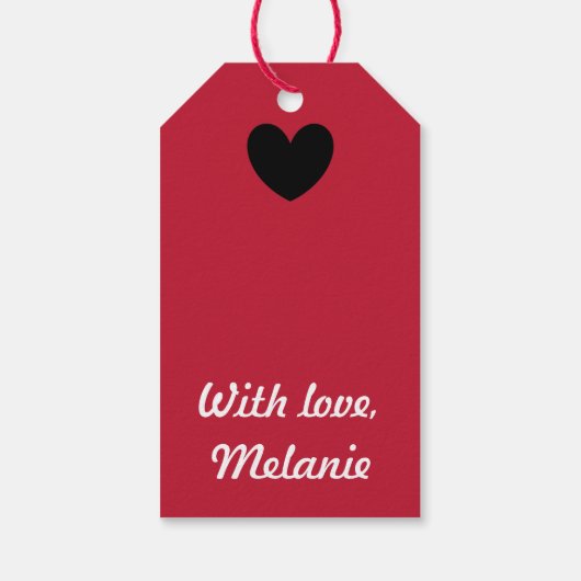 Schwarze Polka Herzen auf rot Geschenkanhänger (Rückseite)