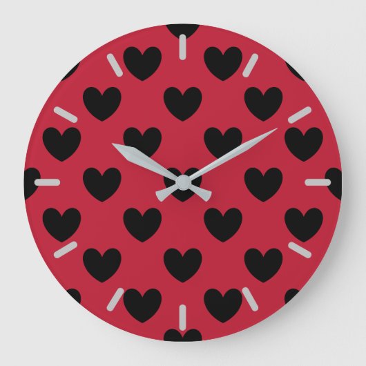 Schwarze Polka Herzen auf rot Große Wanduhr (Vorderseite)