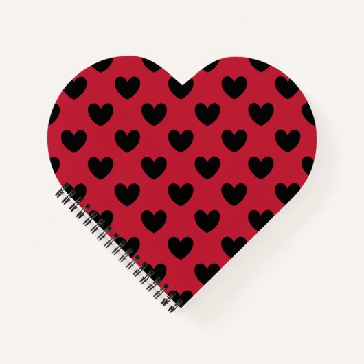Schwarze Polka Herzen auf rot Notizbuch (Vorderseite)