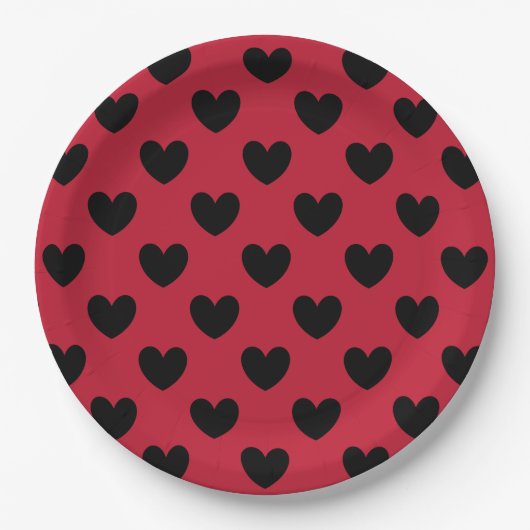 Schwarze Polka Herzen auf rot Pappteller (Vorderseite)