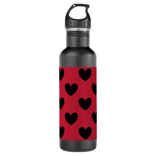 Schwarze Polka Herzen auf rot Trinkflasche (Vorderseite)