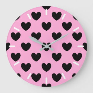 Schwarze Polka Herzen auf Zuckerwatte rosa Große Wanduhr