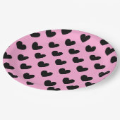 Schwarze Polka Herzen auf Zuckerwatte rosa Pappteller (Schrägansicht)