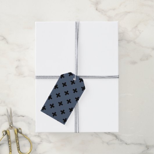 Schwarze Polka-Kreuze auf blau-grau Geschenkanhänger (Mit Garn)