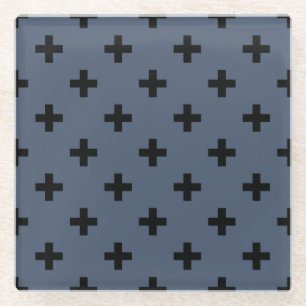 Schwarze Polka-Kreuze auf blau-grau Glasuntersetzer