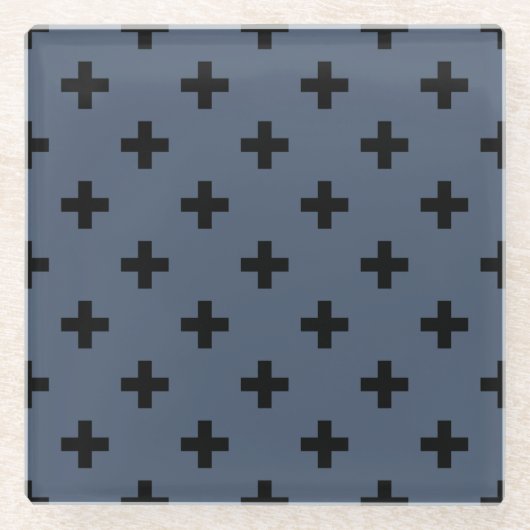 Schwarze Polka-Kreuze auf blau-grau Glasuntersetzer (Vorderseite)