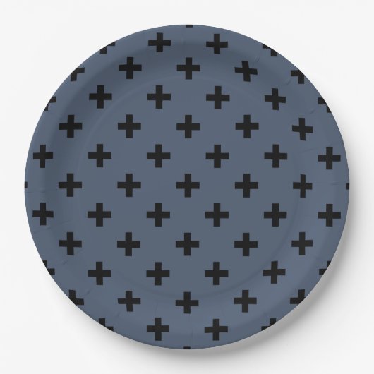 Schwarze Polka-Kreuze auf blau-grau Pappteller (Vorderseite)