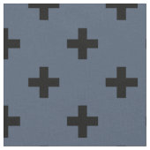 Schwarze Polka-Kreuze auf blau-grau Stoff (Nahaufnahme)