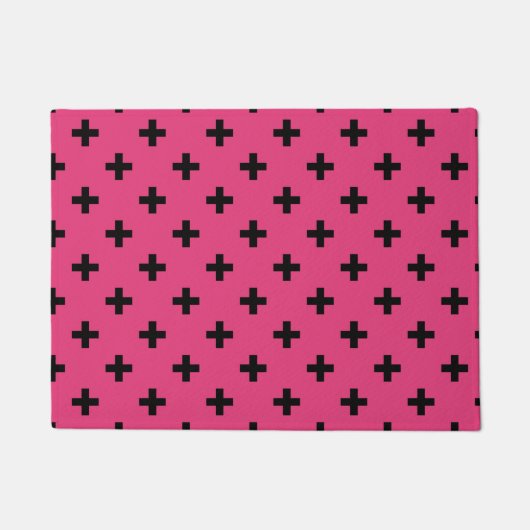 Schwarze Polka-Kreuze auf Fuchsia Fußmatte (Vorderseite)