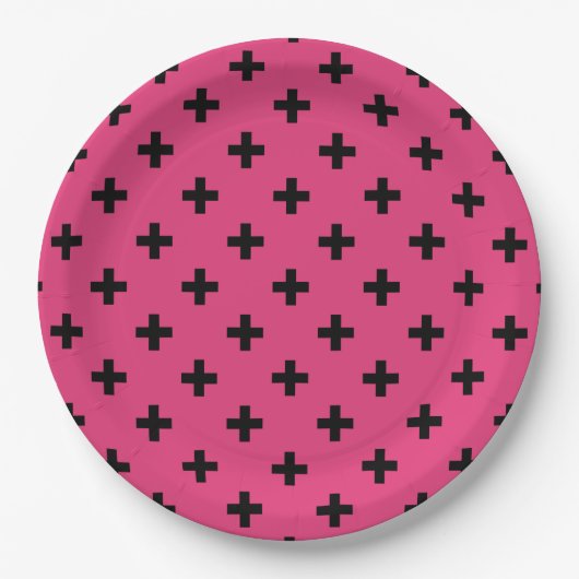 Schwarze Polka-Kreuze auf Fuchsia Pappteller (Vorderseite)