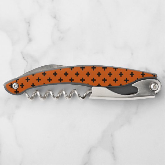 Schwarze Polka-Kreuze auf Orange Kellnermesser (Rückseite)