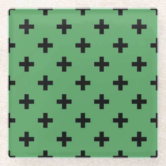 Schwarze Polka kreuzt grün Glasuntersetzer (Vorderseite)