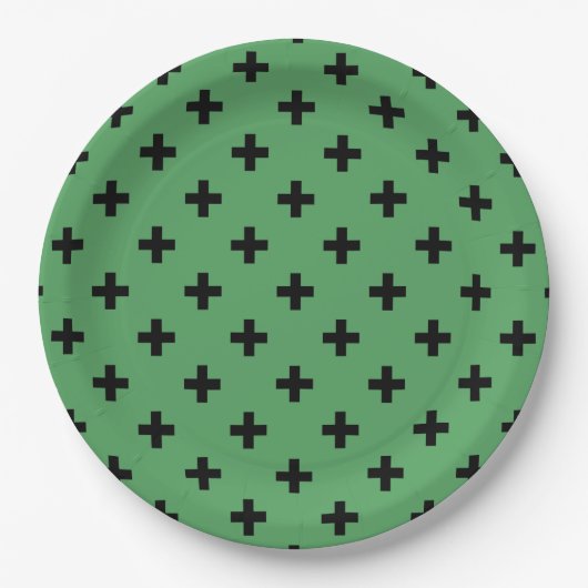 Schwarze Polka kreuzt grün Pappteller (Vorderseite)