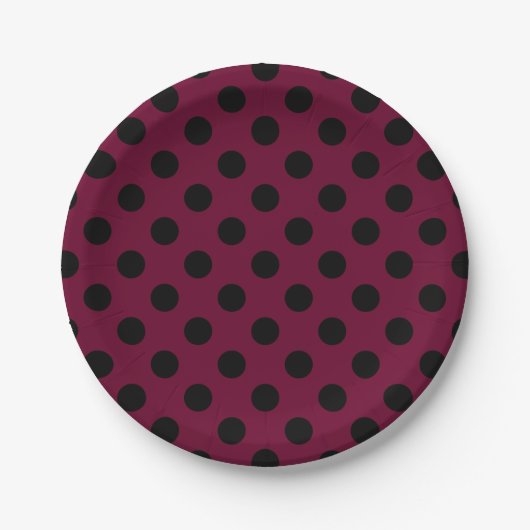 Schwarze Polka-Punkte auf Bordeaux Pappteller (Vorderseite)
