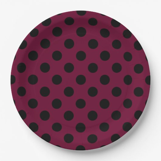 Schwarze Polka-Punkte auf Bordeaux Pappteller (Vorderseite)