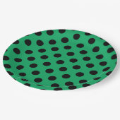 Schwarze Polka Punkte auf frisch grünem Pappteller (Schrägansicht)