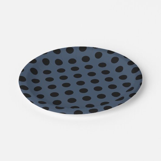 Schwarze Polka-Punkte auf grau-blau Pappteller (Schrägansicht)