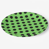 Schwarze Polka-Punkte auf Kalkgrün Pappteller (Schrägansicht)