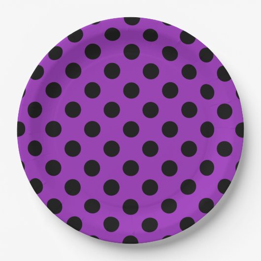 Schwarze Polka Punkte auf lila Pappteller (Vorderseite)