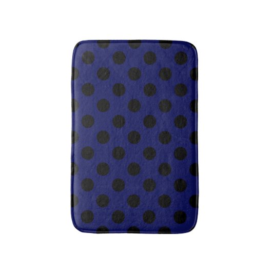 Schwarze Polka Punkte auf marineblau Badematte (Vorderseite Vertikal)