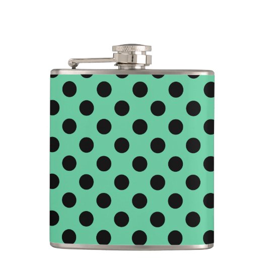 Schwarze Polka Punkte auf Minzgrün Flachmann (Vorderseite)