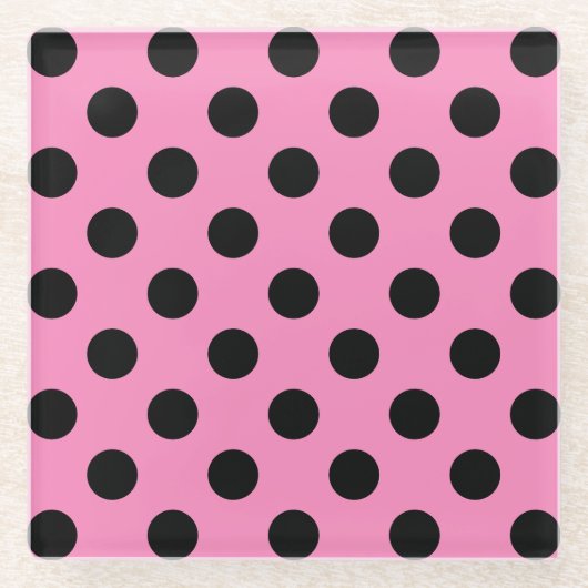 Schwarze Polka-Punkte auf Rosa Glasuntersetzer (Vorderseite)