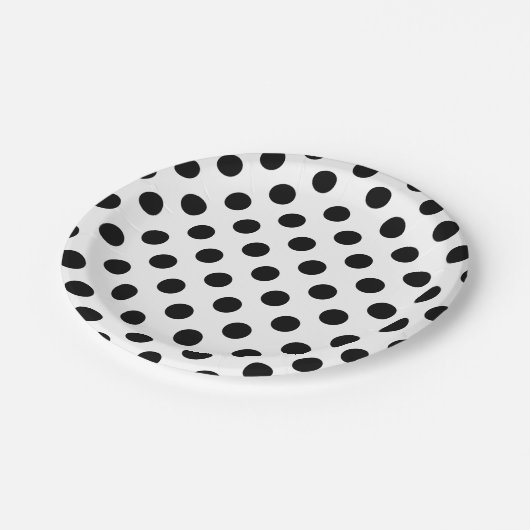 Schwarze Polka Punkte auf weiß Pappteller (Schrägansicht)