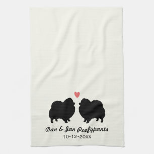 Schwarze Pomeranian-Silhouetten mit Herz und Text Küchentuch